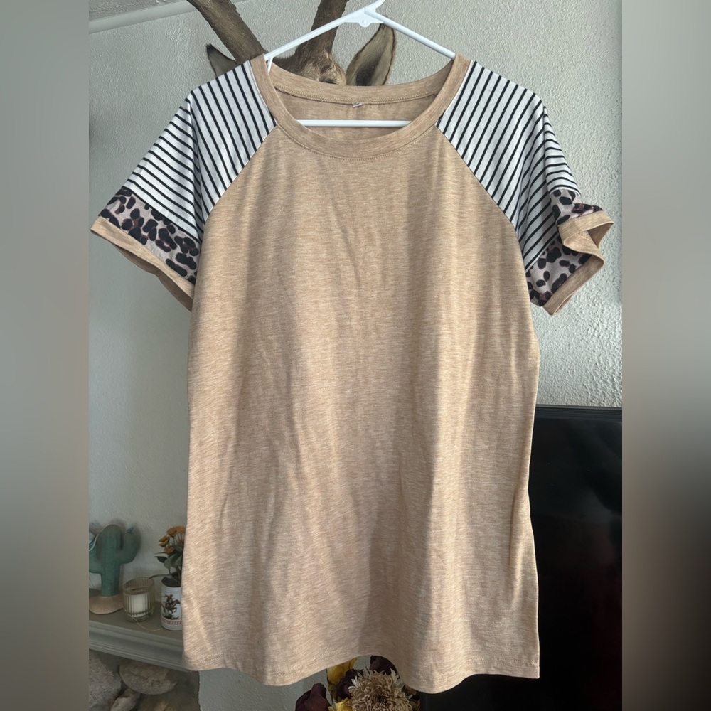 Tan Striped and Leopard Print Sleeve Top